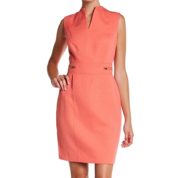 Tahari Dresses & Skirts - Tahari V-Neck Jacquard Shift Dress Papaya Coral